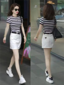 Slim Fit Pure Cotton Striped Short Sleeve T-Shirt Womens Base Shirt Casual Style Summer Fashion Inner Wear Short Top