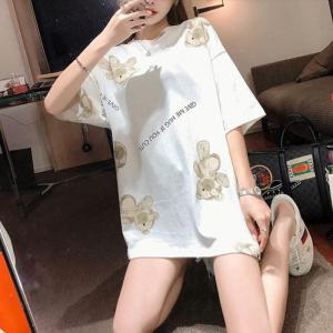 Trendy Bear Print Short Sleeve T-Shirt Women Summer Loose Cartoon Large Version Lazy Mid-Length Top Korean Style Commute