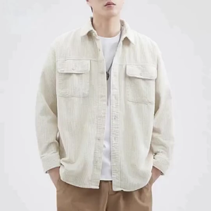 HLS&huilishi Men Solid Off White Vertical Striped Corduroy Shirts Loose Lapel Dual Flap Pocket Casual Work Long Sleeve Overshirt