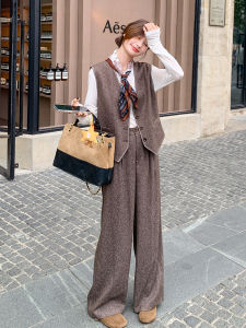 Korean Style Chic Womens Two-Piece Set Autumn Salt System Maturity Retro Vest Wide Leg Pants Ensemble Fashionable Casual Wear