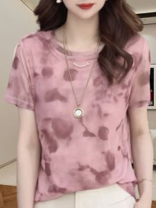 Thin Ice Silk Womens T-shirt Summer New Arrival Silm Slim Looking Printed Breathable Double-Layer Mesh round Neck Short Sleeve Tops