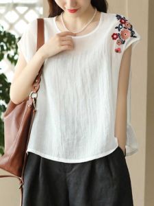 New Summer Womens plus Size Retro Slim Linen Sleeveless Top Artistic Large Size Embroidered Overhead Loose Trendy Vest