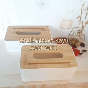 TaffHOME Kotak Tempat Tisu Kayu dengan Smartphone Holder Mobile and Tissue Box - White
