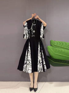 plus Size Retro French Style Cheongsam Dress Waist Cinched Stand Collar Tiled Skirt Commuter Korean Style A-line Long Dress