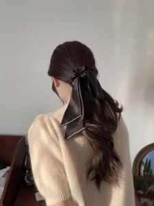 Korean Woman Large Elegant Silk Elastics Hair Band Black Satin Bow Scrunchies Hair Ties Ladies Ponytail Hold Hair Accessories