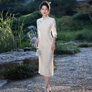Young Style Long Cheongsam Vintage Chinese Wedding Dress Elegant Waist-Cinching Breathable Low Slit Half Sleeve Solid Color