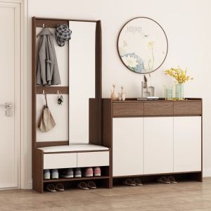 Scandinavian Solid Wood Shoe Cabinet with Bench Hanger Mirror High Capacity