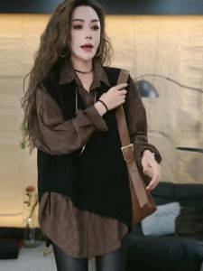 Spring Fashion Knitted Uneven Sleeveless Vest Womens Unique Design Commute Long Sleeve Shirt Set Stylish Ensemble Polo Neck