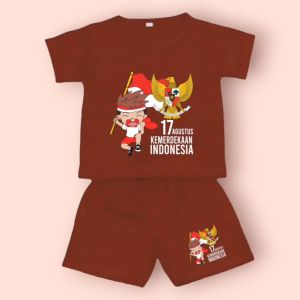 Setelan Kaos dan Celana bergambar Bocil Merdeka usia 1-10 tahun Anak Laki-Laki/Perempuan