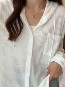 Newlan CS024 Kemeja hoddie Stripe Blouse Atasan Wanita Tangan Panjang Model Simple Perlindungan Kardigan Pakaian Longgar Ukuran Lengan Panjang Siswa Berkerudung Fashion Tampan Outer oversize