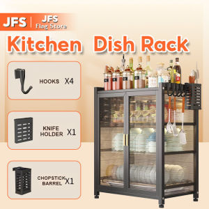 JFS 3 Tier Kitchen Dish Rack with Drainer Dustproof Storage Cabinet Carbon Steel Countertop Storage Plate Organizer