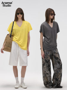 Áo Thun Vải Lanh Cổ Chữ V ACSENSE STUDIO Dáng Rộng Thoải Mái Mùa Hè Tay Ngắn Màu Trơn Giản Dị Cho Nữ