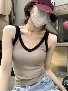 เสื้อกั๊กคอวีผ้าฝ้ายแท้ทรงเข้ารูปสำหรับผู้หญิงในช่วงฤดูร้อน แขนกุด ทรงเข้ารูป ทรงสั้น เสื้อผ้าทำงาน แฟชั่นลำลอง