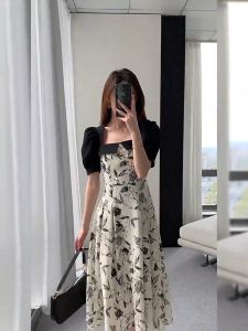 FRAN New Women Printed Dress Summer Bubble Sleeve Vintage Dress Fashion A-line Dress