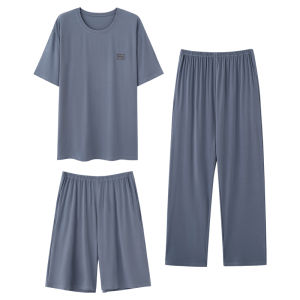MiiOW | Mens Summer Ice Silk Short Sleeve Long Pants Sleepwear Thin Home Clothes Large Size Three-Piece Set Cool Feeling Leisure Suit
