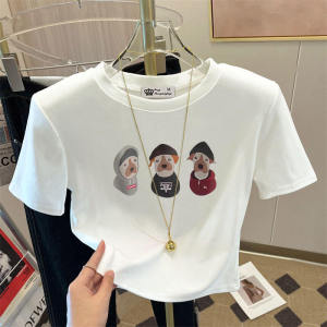 เสื้อยืดคอกลมแขนสั้นผ้าฝ้ายแท้สีขาวสำหรับผู้หญิง ฤดูร้อน 2023 สไตล์อเมริกันย้อนยุค ลายสุนัข ทรงเข้ารูป เสื้อตัวบน