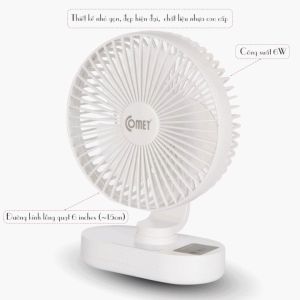 Quạt tích điện mini Comet CRF1406 tích hợp đèn Led dung lượng Pin 3000mAh cánh dài 15.24cm thiết kế nhỏ gọn đẹp mắt.