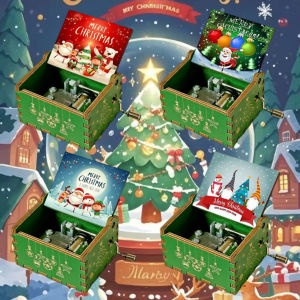 Merry Christmas Series Music Box Wooden Antique Carved Hand Cranked Classic Theme Music for Birthday Party Gifts Family Decor