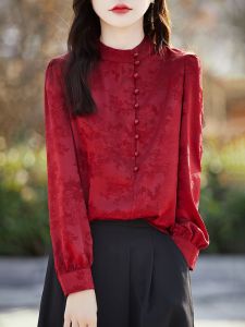 YUEXINYIRONG | Elegant Vintage Chinese Style Pearl Button Stand Collar Blouse