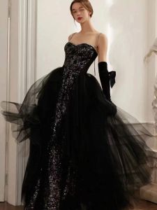 Bright Star River Black Party Dinner Annual Meeting Stage Show Host Wedding Dress Evening Dress Art Exam Dress