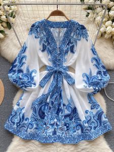 Elegant Lantern Sleeve Short Dress Womens Autumn Hong Style Light Maturity Waist Inward Slim Print A-Line Skirt Dress