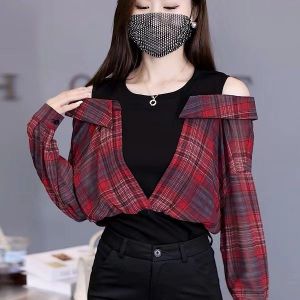 Trendy Plaid Shirt Womens Long Sleeve Shoulder Bared Design Unique Style Autumn New Arrival Slim Fit round Neck Casual Top