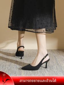 เรียบหรู สีดำ รองเท้าทํางานหัวแหลม รองเท้าแตะส้นสูง สายคล้อง ดีไซน์ Low Cut Ultra นุ่ม หนัง ลำลอง รองเท้าแฟชั่น