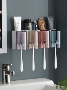 Wall-Mounted Toothbrush Holder Nordic Style Bathroom Storage Box Spout Cup Brushing Cup Hanging Slot Design Pure Color Series