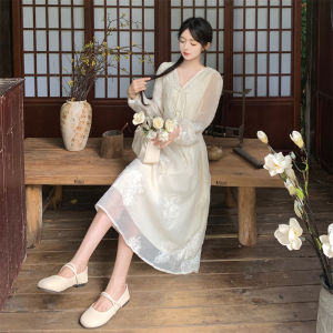 New Chinese Style V-Neck Button up Fairy Tale Fake Two-Piece Dress plus Size Beautiful Embroidery Floral Print A-Line Skirt