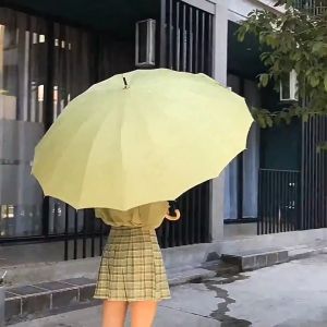 Long umbrella16K windproof curved handle big umbrella rainproof quality classic umbrella small fresh plain color rain or shine umbrella