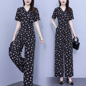 จั๊มสูทขากว้างเอวสูงแขนสั้นลายดอกไม้ผ้าชีฟองหรูหราคอวีแฟชั่นฤดูร้อนของผู้หญิงร้านค้า