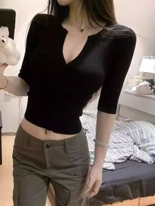 Áo Len Cardigan Dệt Kim Ngắn Cổ Chữ V Ôm Vừa Vặn Mùa Hè Cho Nữ Áo Thun Tay Ngắn Cổ Chữ V Phong Cách Hàn Quốc