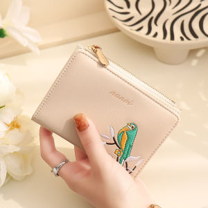 Elegant Embroidered Womens Wallet Thin Lightweight Coin Purse Card Holder Two-In-One Money Clip Youth Fashion Zipper Closure