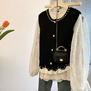 Womens round Neck Knitted Vest Heavy Embroidery Lace Shirt Two-Piece Set Commute Style Long Sleeve Regular Fit Pure Color