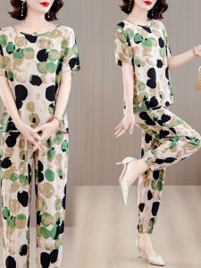 แฟชั่นขนาดใหญ่ผ้าฝ้ายผ้าไหมชุดผู้หญิงแขนสั้น Harem Nine-Point-One กางเกงกระชับสัดส่วนผ้าฝ้ายเทียมชุดสองชิ้น
