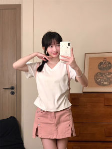 Original Embroidered Heart Letter Short Sleeve Women Slim V Neck Shoulder T Shirt Sweet Sister Pleated Waist Short Top