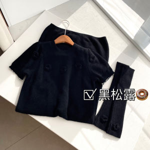 Spring New Year Long Knitted Bear Velvet Dress Black Dress with Sleeve Covers Ins Style Loose Waist Regular Sleeve Short Sleeve