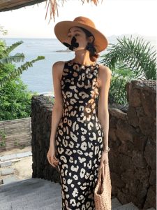 Black Floral Print Sleeveless Dress Womens Summer Slimming Elegant Commuting Long Skirt H-Line Polyester Fiber round Neck