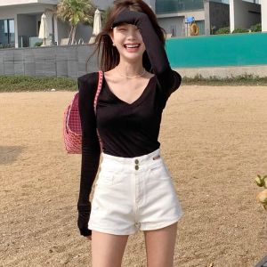 High Waist A-Line Denim Shorts Womens Base Layer Slimming Hot Pants American Style Summer Cotton Stretch Fabric Shorts