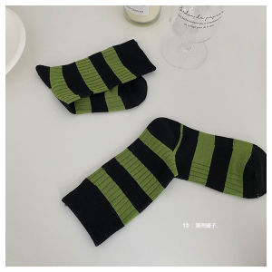 Green Mid-Calf Socks for Women Stylish Ins Trend Spring Autumn Web Red Heart Embroidery Pair Knee-Length Stripes All-Season Neutral