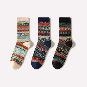 Retro National Trend Socks Mens Double Needle Mid-Calf Pure Cotton Autumn Winter Thickened Student American Brown Ethnic Style