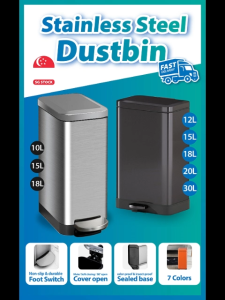 [SG STOCK] Stainless Steel Pedal Soft Closing Dust Bin - 10L 15L 18L  - Durable & Stylish Trash Can for Home & Office