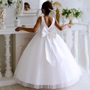 Elegant Big Bow Bridesmaid Girls Dress White Wedding Party Princess Dresses First Communion Birthday Prom Gown Christmas Costume