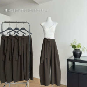 LIANLISTUDIO High Waist Wide Leg Suit Pants Pleated Drapey Belted Wide Waistband Korean Style Commute Friendly Straight Cut