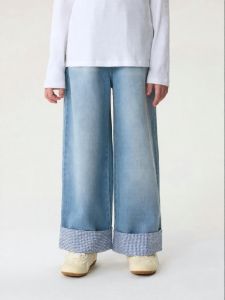Marc&Janie | Fresh Plaid Rolled-up Girls Wide Leg Jeans Autumn New