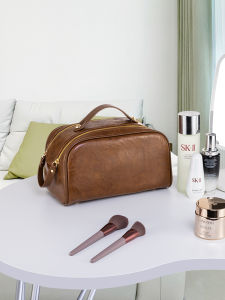 High-End Retro PU Leather Large Capacity Cosmetic Bag Womens 2024 New Style Double Zipper Makeup Travel Toiletry Storage Bag