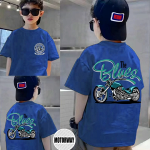 MOTORWAY K521 T-shirts featuring high-powered luxury motorcycle graphics and the words "The Blues" are pure cotton short-sleeved crew neck shirts. Suitable for adults and children these are casual streetwear pieces with a fashionable racing theme.