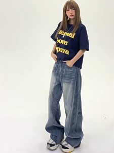 JIAQI กางเกงยีนส์ขากว้างสไตล์ย้อนยุคอเมริกันสำหรับผู้หญิง 2025 กางเกงขายาวทรงหลวมเอวสูงทรงสลิมใหม่ฤดูใบไม้ผลิและฤดูใบไม้ร่วง