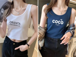 Short Sleeve Tank Top Womens Versatile Letter Print Sports Base Korean Style Summer Under and Outerwear Cotton Polyurethane Blend