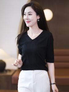 Modal V-Neck Mid-Sleeve Womens Base Shirt Spring Summer Loose Fit Five-Quarter Sleeve T-Shirt Casual Style Pure Color Slimming